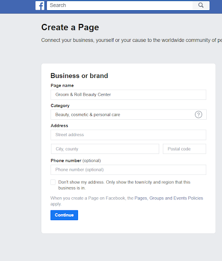 Facebook Create Page Business or Brand Category Page