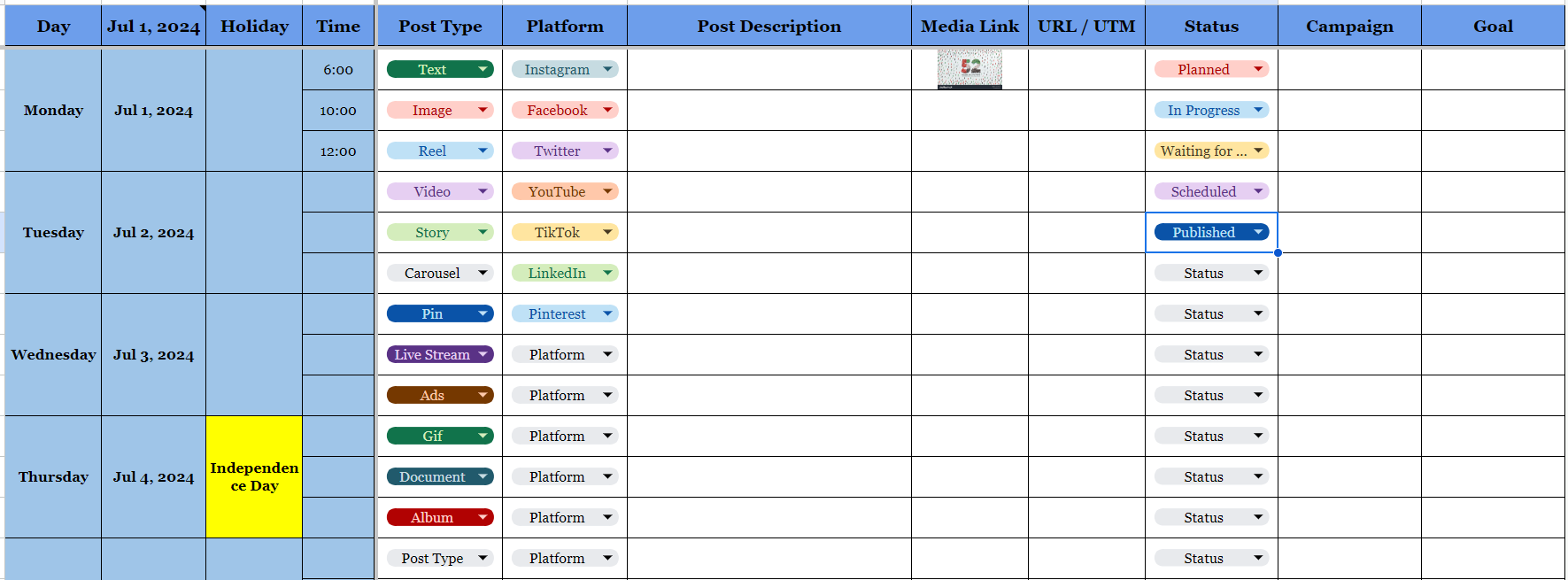 Example of a weekly calendar