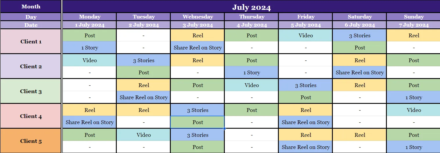 Instagram Content Calendar of Clients