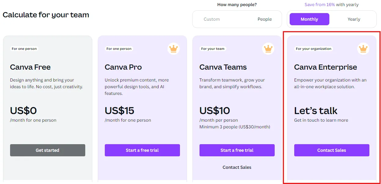 Pricing plan of Canva