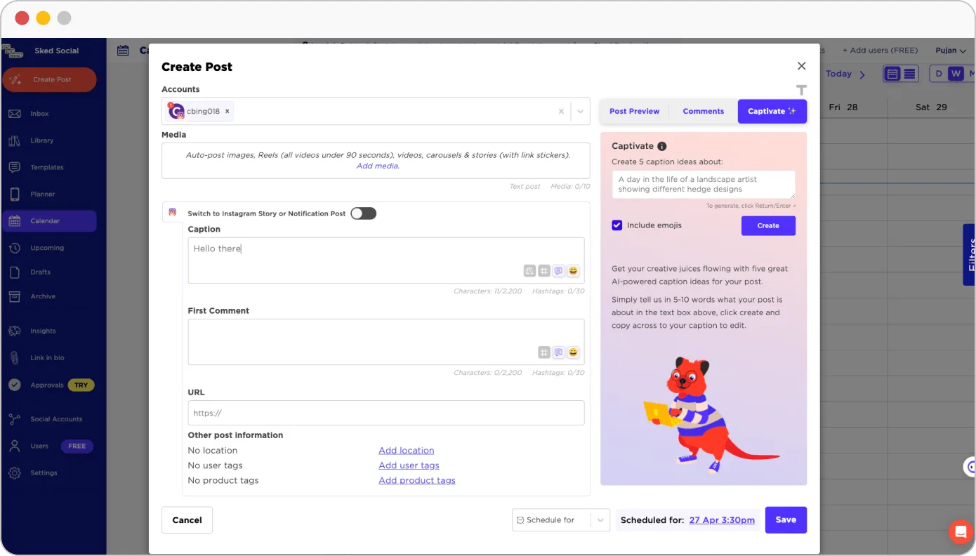 scheduling dashboard for sked social