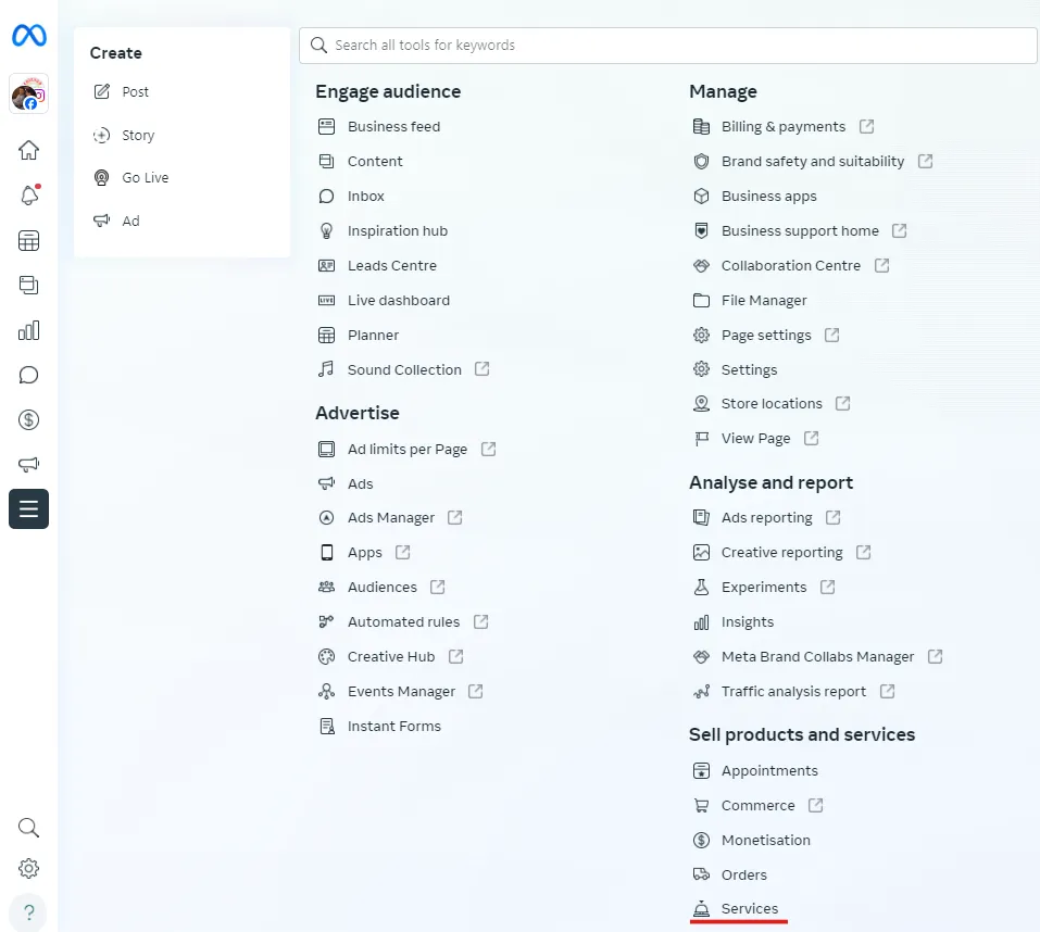 Select Services from Meta Business Suite