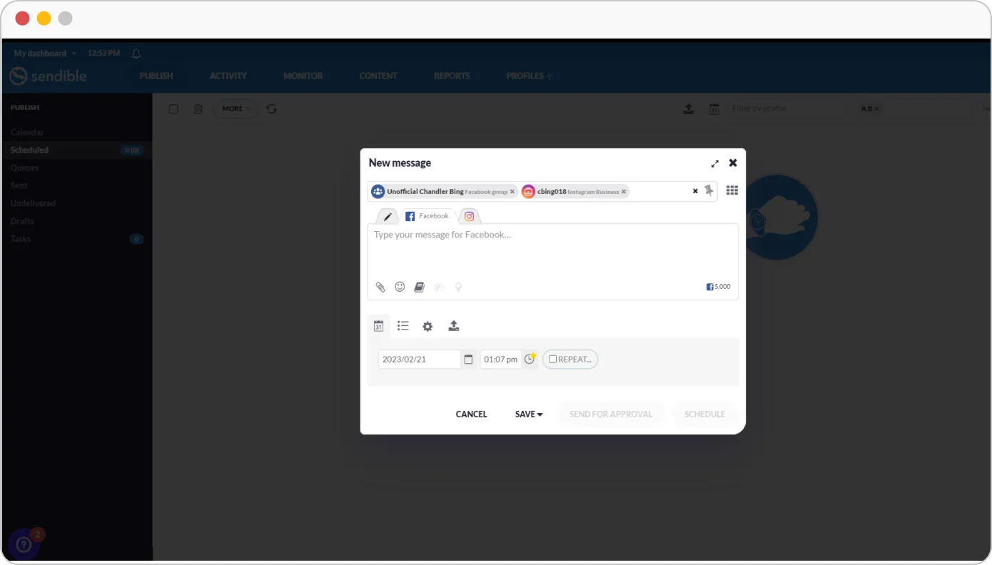 Sendible scheduling post dashboard